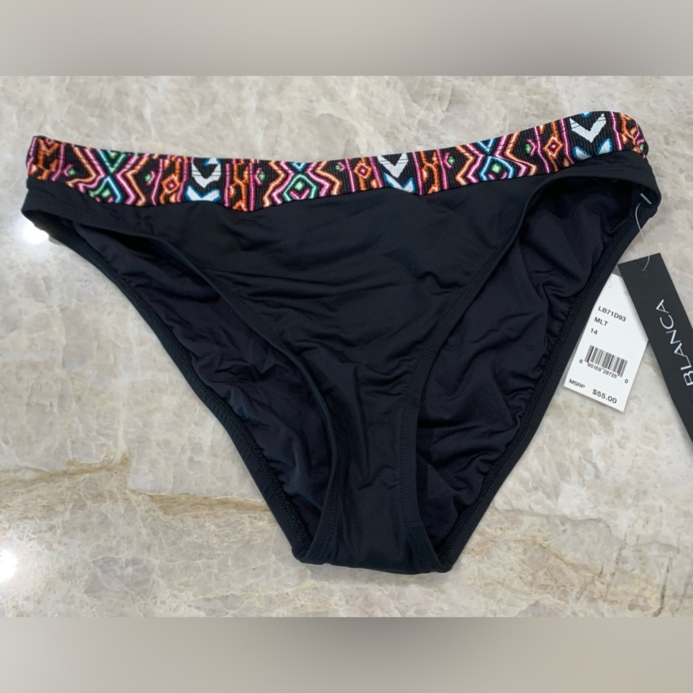 La Blanca Bikini Bottom Black with Multi-color Waist LB71D93 MLT Size 14‎